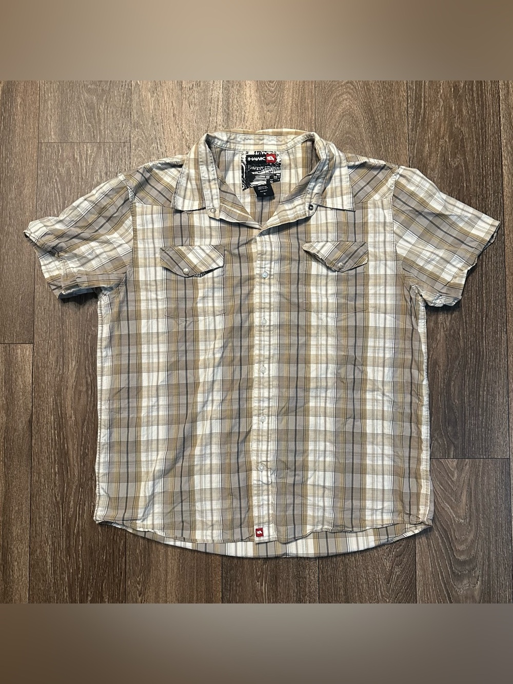Tony Hawk beige plaid short sleeve Sz XL 2000s Y2K skater grunge